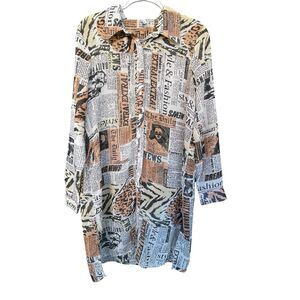 Live 4‎ Truth Women Newspaper Print Dress Large Button Up Roll Tab Animal Print